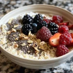 Close-up of a high protein and fiber breakfast bowl with Greek yogurt, berries, and nuts.