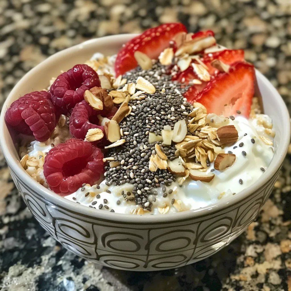 Side view of a colorful breakfast layered with oats, fresh fruit, and chia seeds.