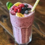A close-up side view of a vibrant banana berry smoothie in a glass.