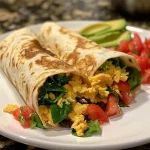 Close-up view of a high-protein breakfast burrito filled with eggs and spinach.