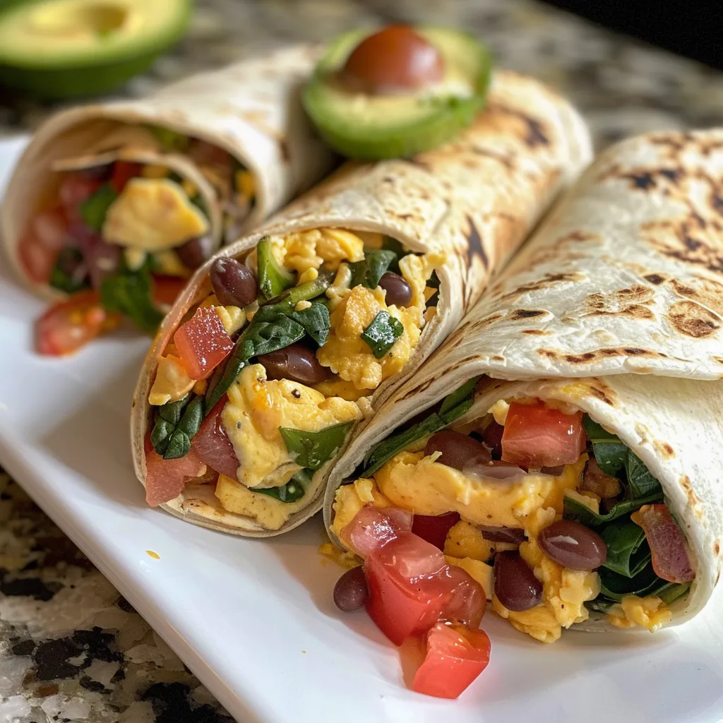 Side angle of a delicious breakfast burrito showcasing vibrant spinach and egg filling.
