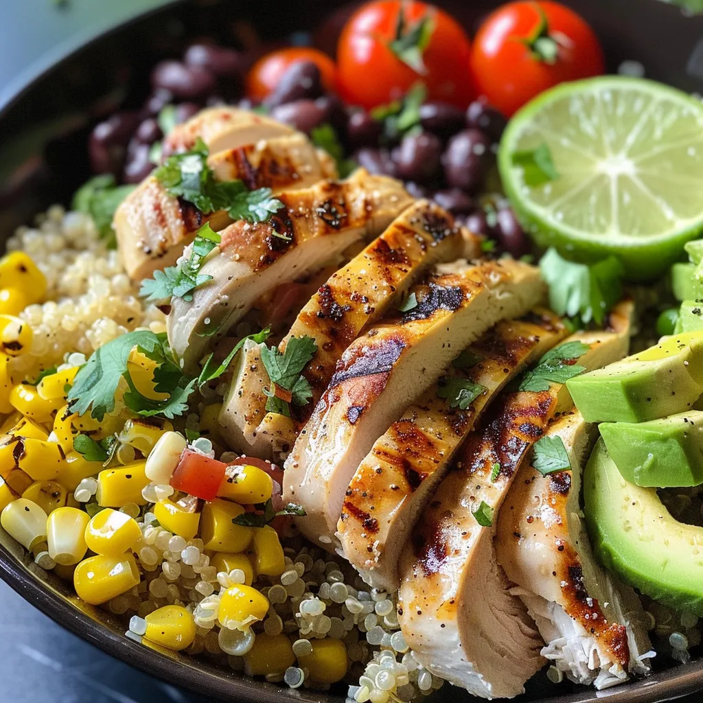 Side view of a high-protein chicken quinoa bowl filled with vibrant ingredients.