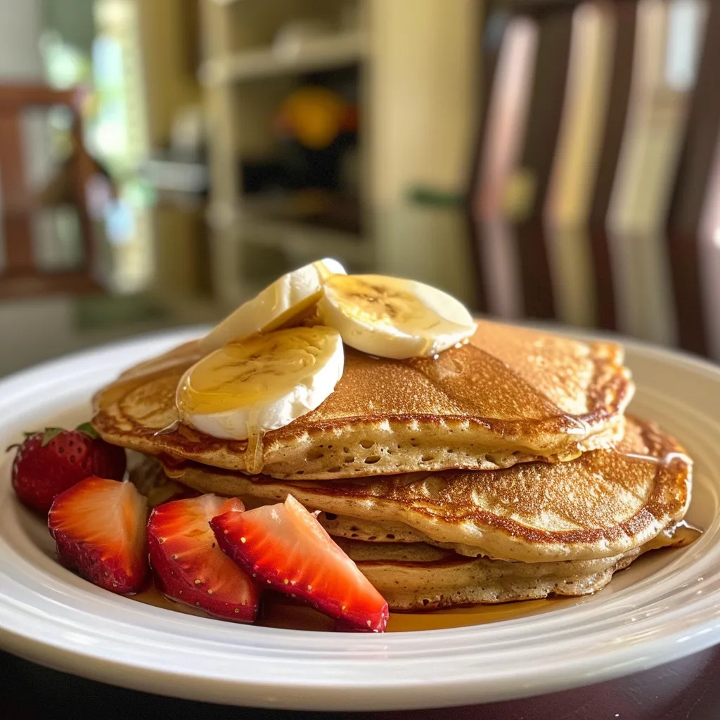Close-up view of High Protein Greek Yogurt Pancakes on a white plate, garnished with berries and a dollop of yogurt.