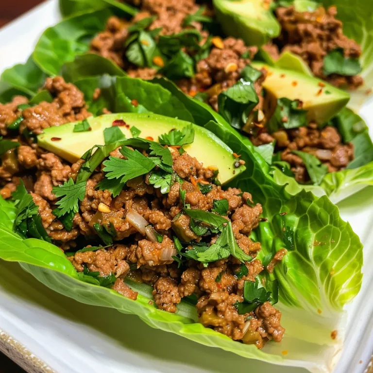 Close-up of juicy beef lettuce wraps filled with avocado and yogurt.