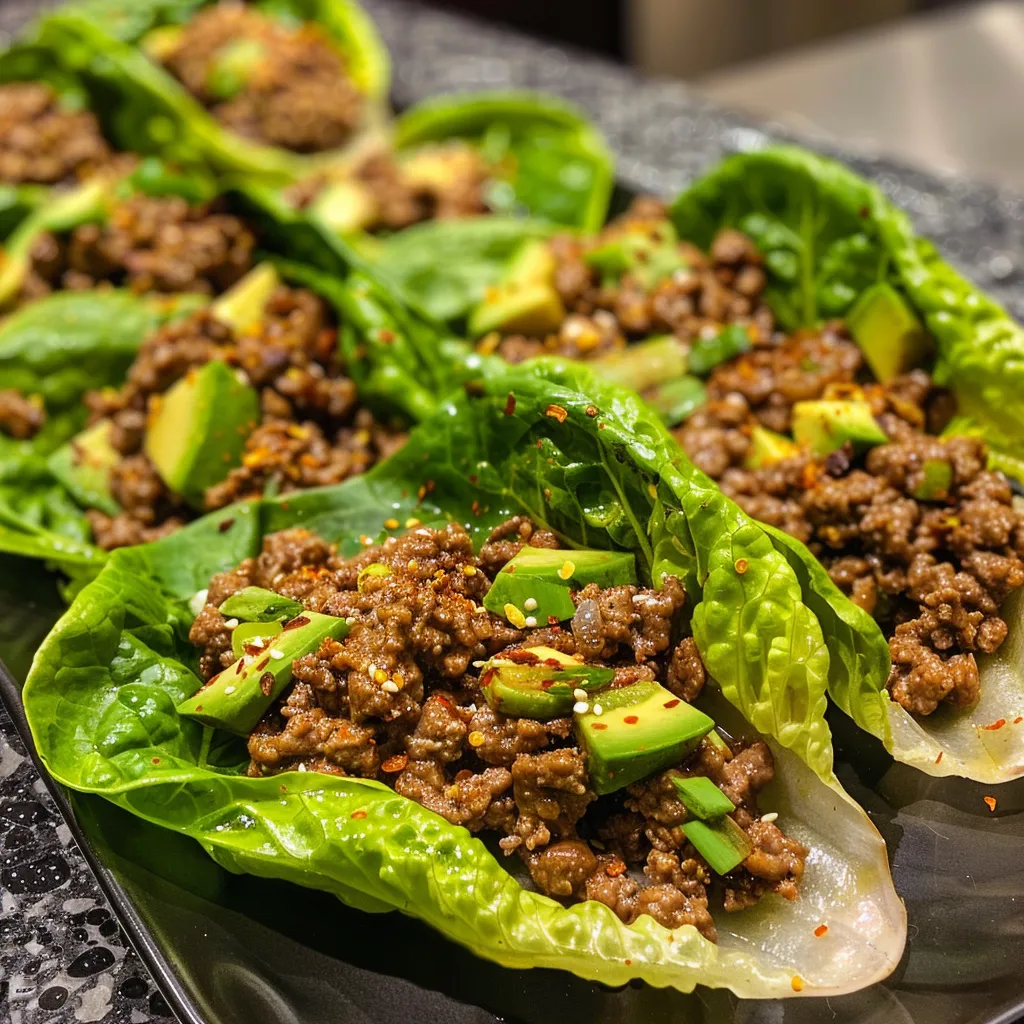 Side view of high-protein lettuce wraps with ground beef, avocado, and Greek yogurt.