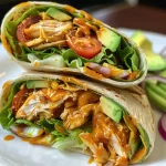 Close-up of a Honey BBQ Chicken Wrap filled with shredded chicken, cheese, and veggies.