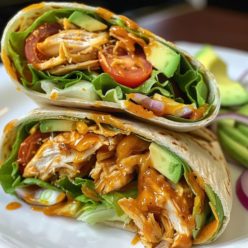 Close-up of a Honey BBQ Chicken Wrap filled with shredded chicken, cheese, and veggies.