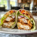 Close-up view of a honey mustard chicken wrap filled with colorful ingredients.