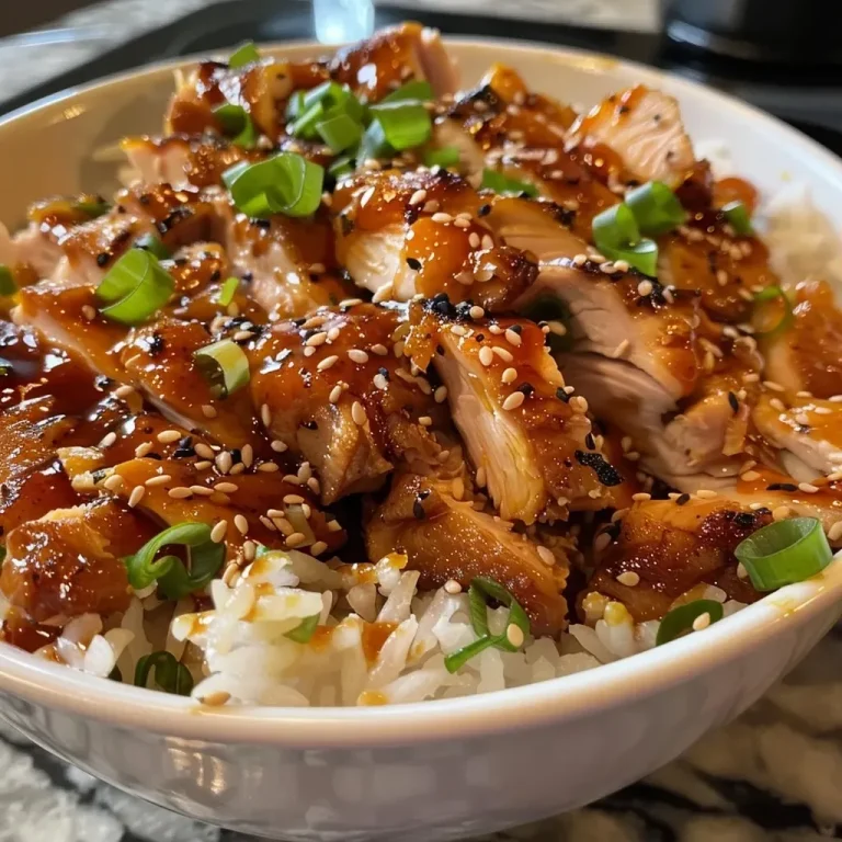 Close-up view of a Hot Honey Chicken Bowl, showcasing juicy chicken with vibrant toppings.
