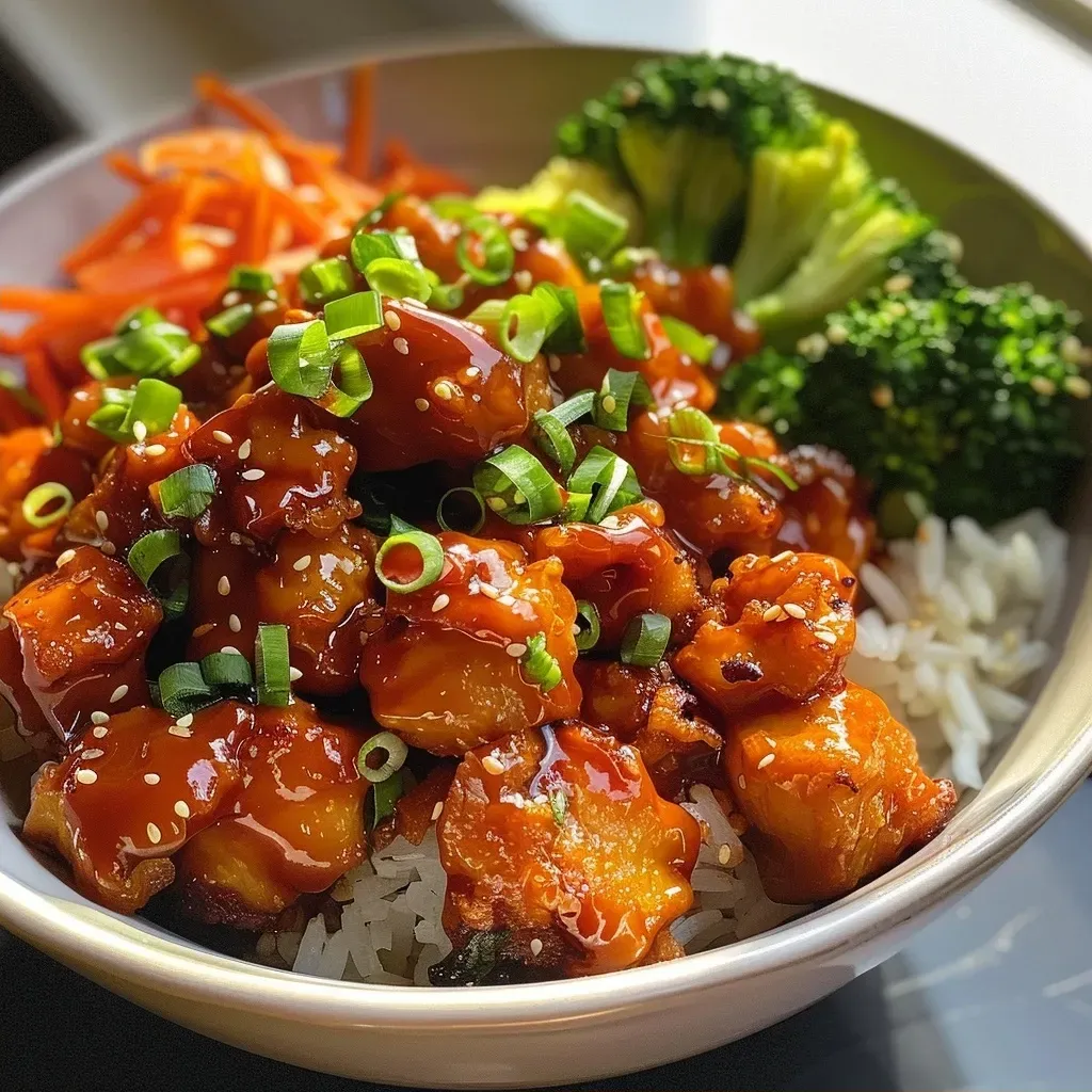 Side shot of a delicious Hot Honey Chicken Bowl filled with chicken, rice, and colorful vegetables.