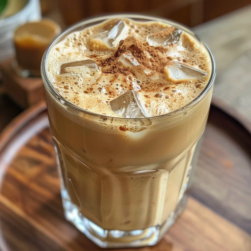 Side view of a refreshing iced honey cinnamon latte with a sprinkle of cinnamon on top, surrounded by ice cubes.