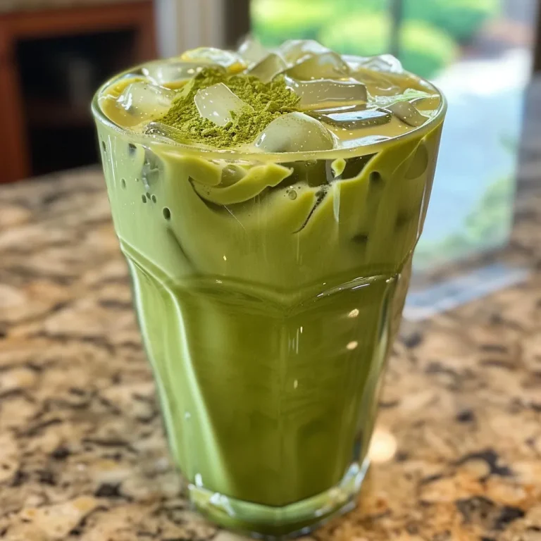 Sipping Serenity My Journey to the Perfect Iced Matcha Latte A close-up view of a refreshing iced matcha latte in a glass, showcasing the green matcha layered with milk and ice.