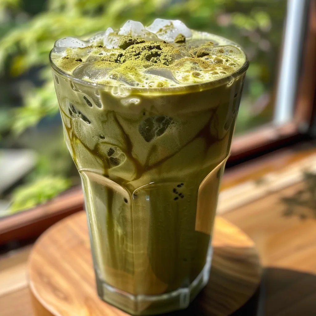 Side angle of a delicious iced matcha latte with ice cubes and a frothy top, set against a blurred background.