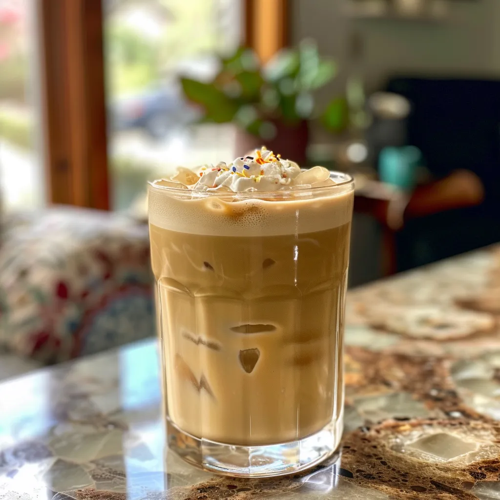 Iced Vanilla Latte in a glass, showcasing whipped cream and rainbow sprinkles on top.