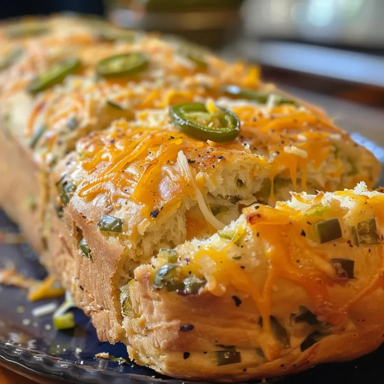 Spicy Adventures in Baking The Jalapeño Cheddar Bread That Unites Flavor and Culture Close-up view of a loaf of Jalapeño Cheddar Bread with visible cheese and jalapeño pieces.