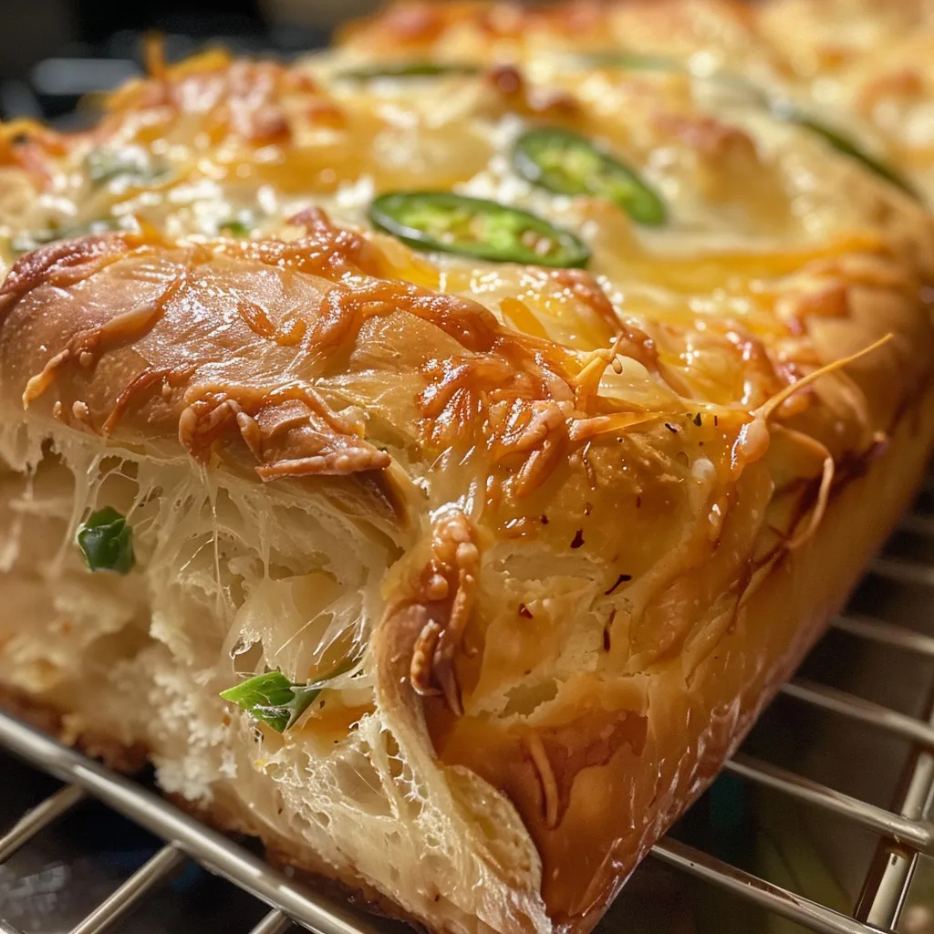 Side view of a golden-brown Jalapeño Cheddar Bread, showcasing its soft texture and toppings.