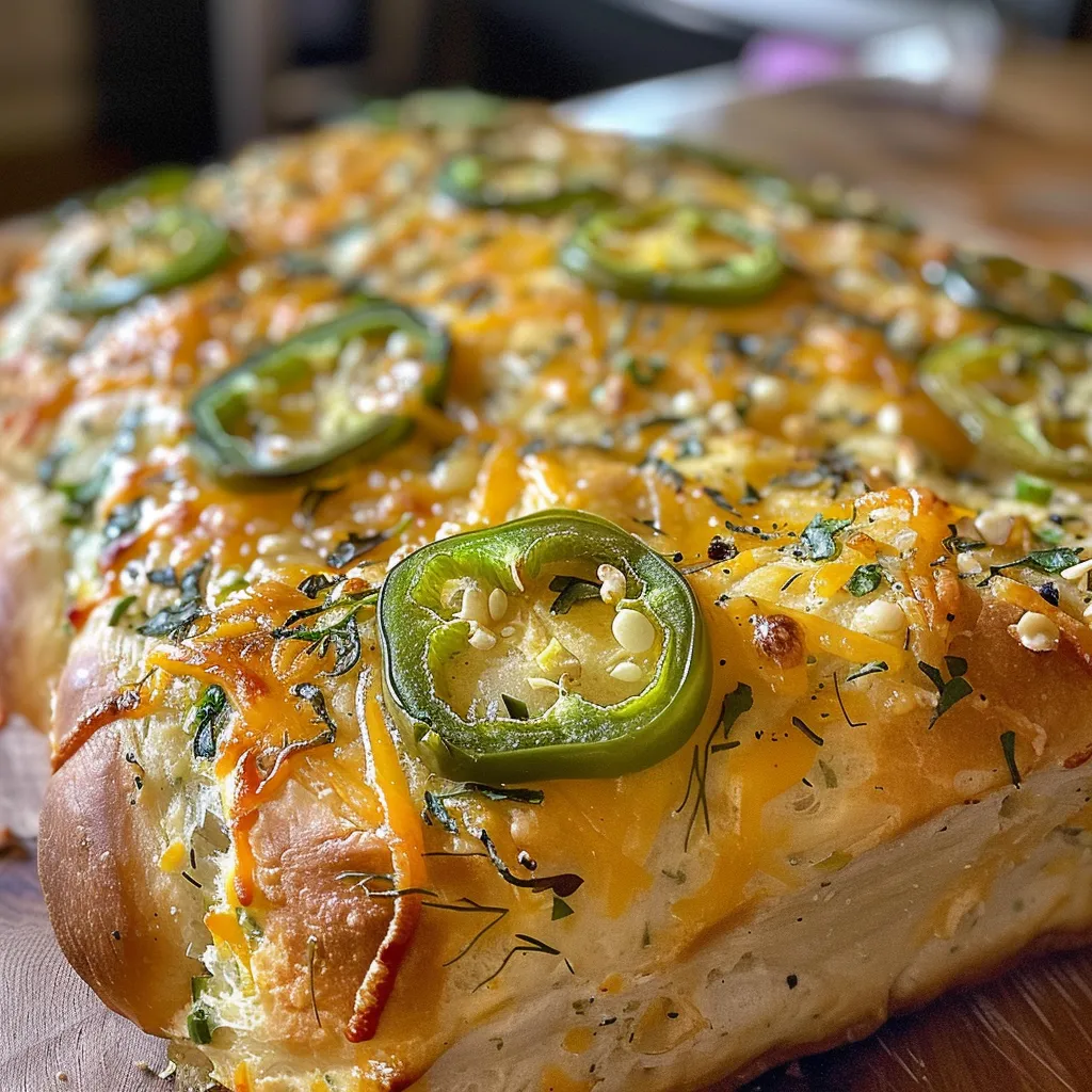 Side view of freshly baked Dutch oven bread featuring jalapenos and cheddar cheese.