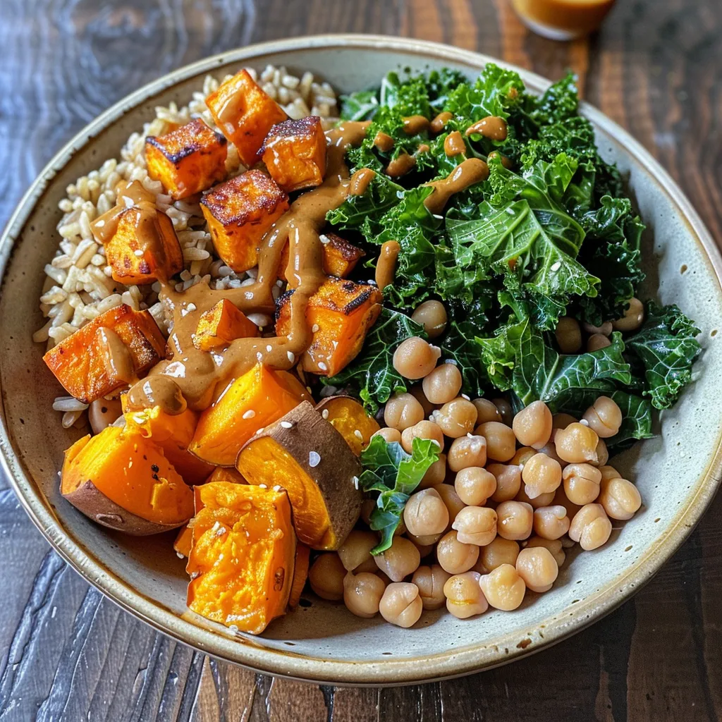 Close-up view of a healthy brown rice bowl with roasted sweet potato, steamed kale, and chickpeas.