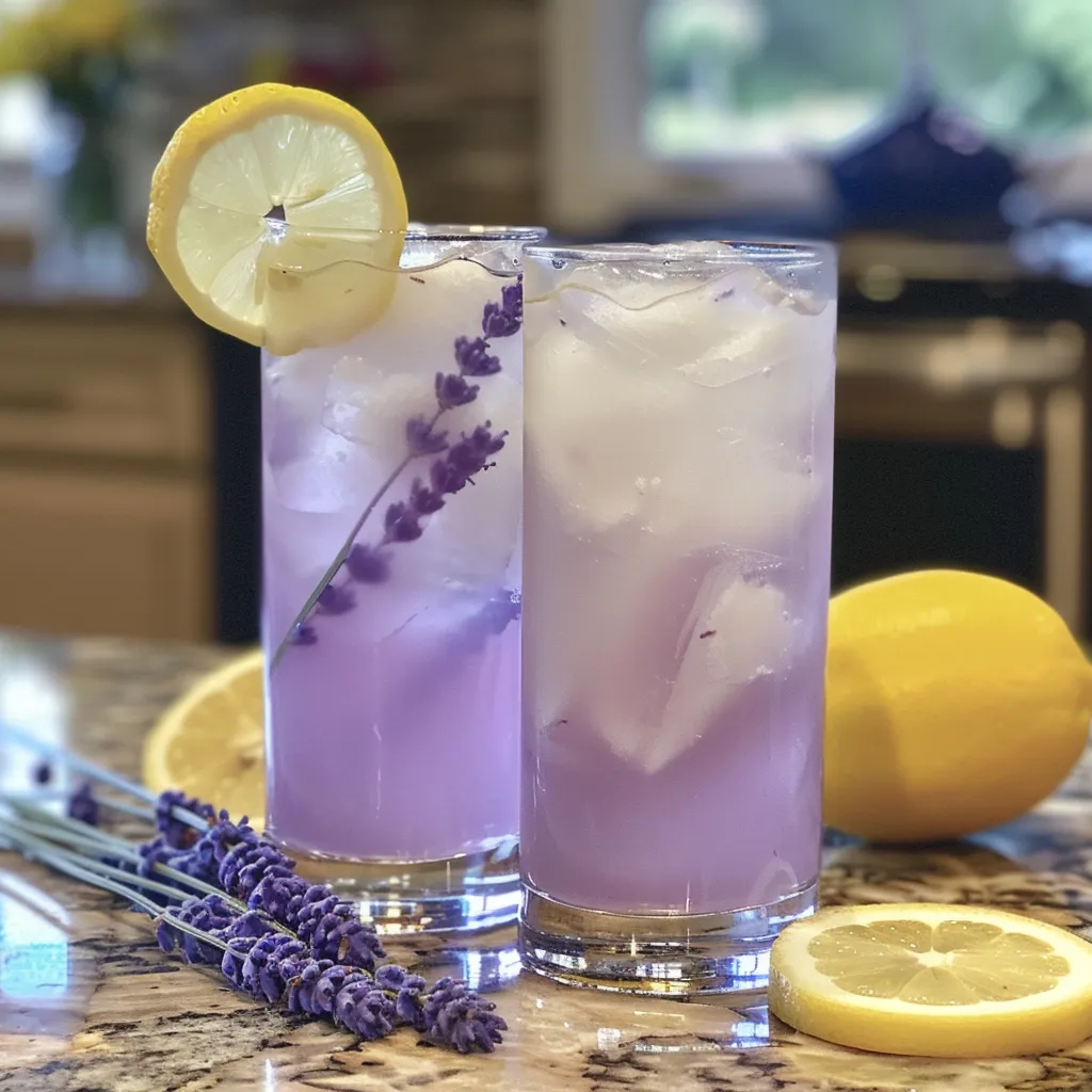 Side view of a refreshing Lavender Lemonade drink with floral garnishes and ice cubes.