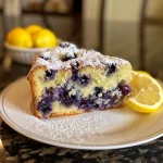 Close-up of a moist lemon blueberry snack cake with vibrant blueberries.