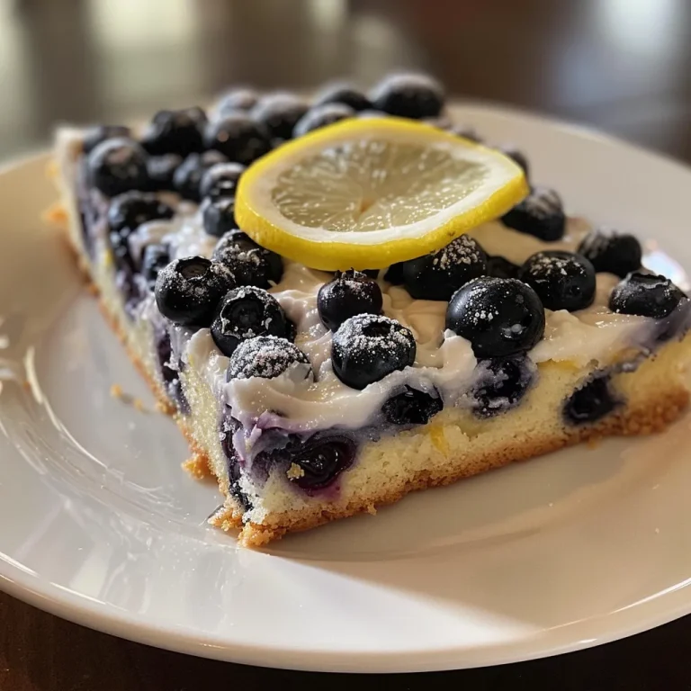 Close-up view of a moist Lemon Blueberry Snack Cake showcasing blueberries embedded in a light, fluffy texture.