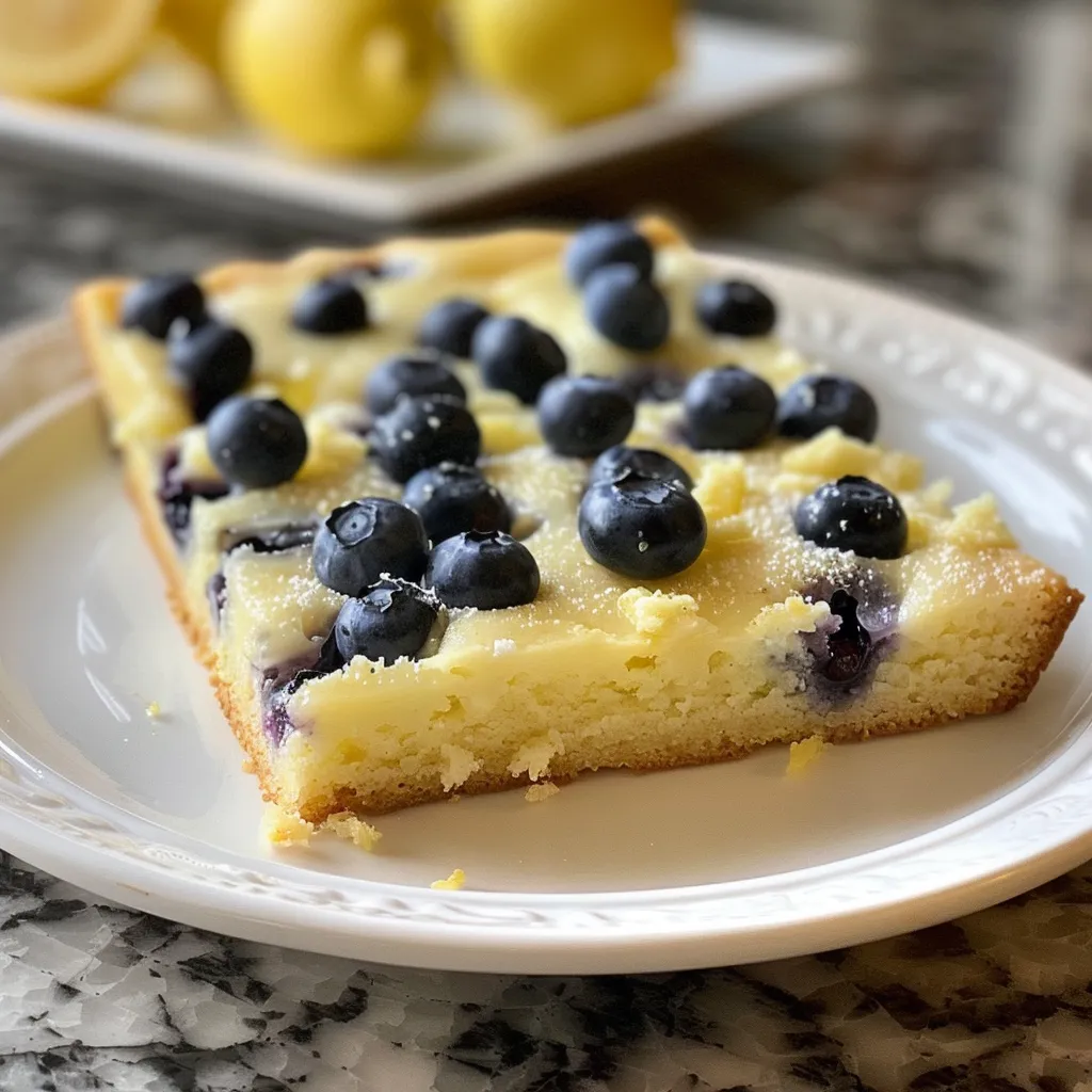 Side view of a delicious Lemon Blueberry Snack Cake with a vibrant lemon glaze and scattered blueberries on top.