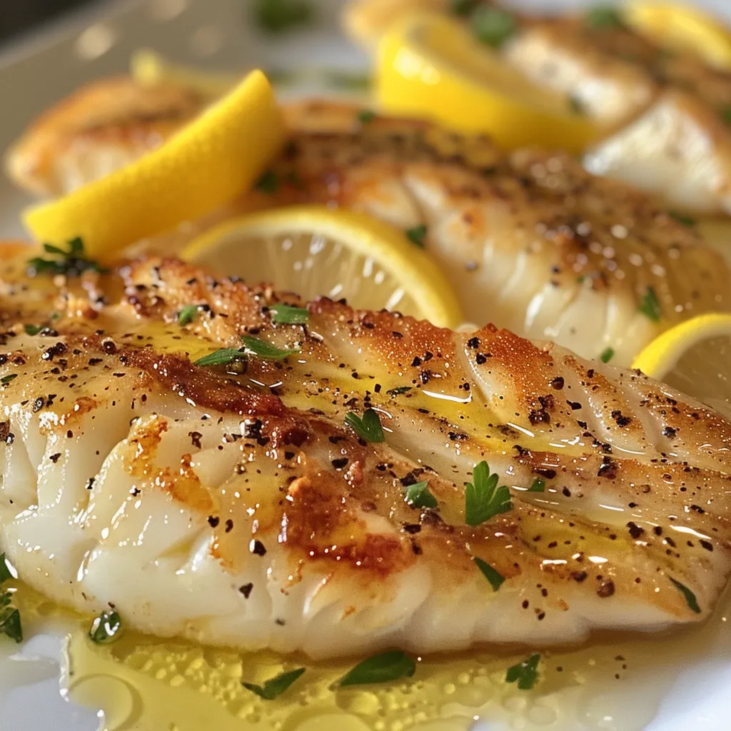 Juicy Lemon Butter Sauce garnished with lemon wedges and parsley beside fish fillets.