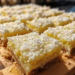 A close-up side view of a lemon-coconut bar, showcasing its textured surface and golden edges.