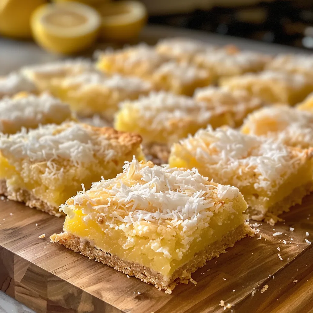 A detailed view of a delicious lemon-coconut bar, highlighting the flaked coconut and lemon zest topping.