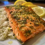 Close-up view of juicy lemon dill salmon fillets garnished with fresh herbs and served over fluffy rice.
