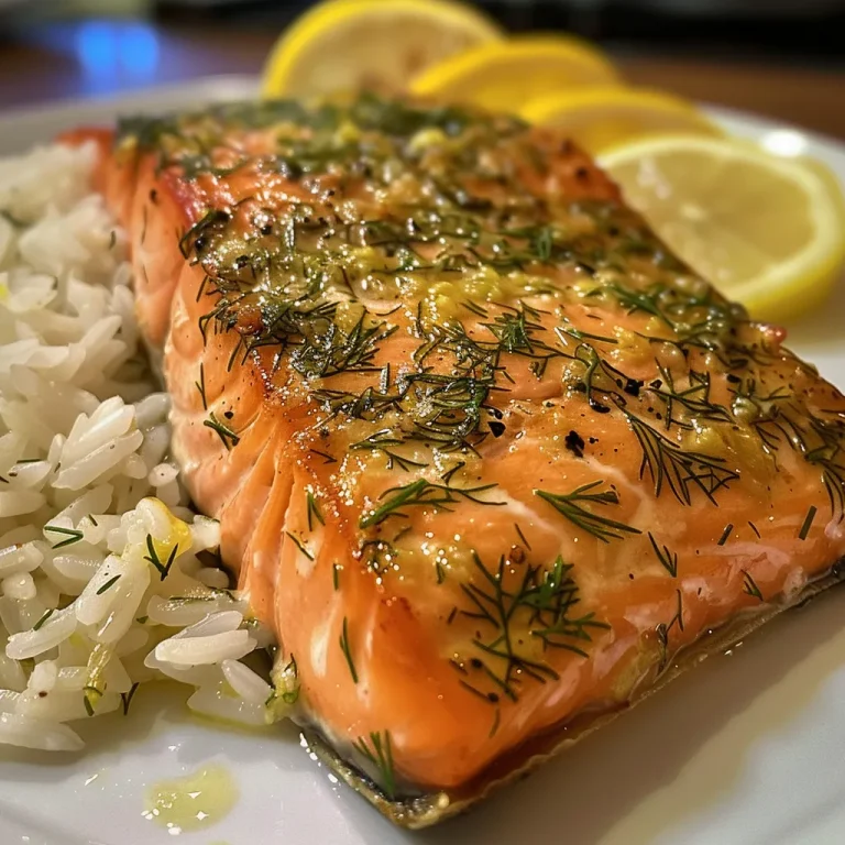 A Citrus Journey Discovering the Vibrant Flavors of Lemon Dill Salmon Close-up view of juicy lemon dill salmon fillets garnished with fresh herbs and served over fluffy rice.