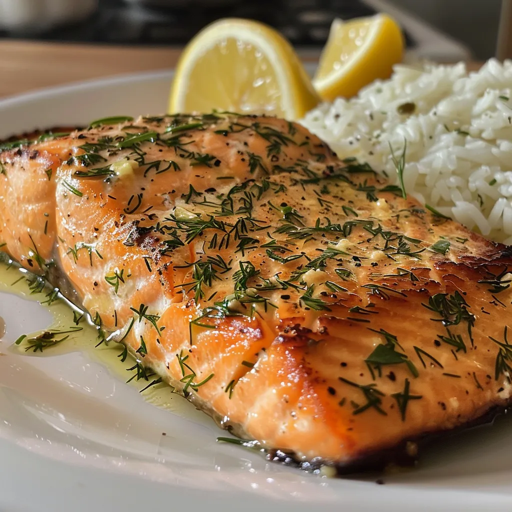 Side angle of succulent salmon with a bright lemon dill sauce, presented on a bed of white rice.