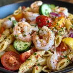 Close-up view of Lemon Garlic Shrimp Pasta Salad featuring colorful ingredients.