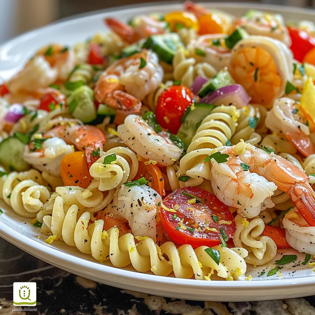 Side image of shrimp pasta salad with lemon and garlic, showcasing vibrant vegetables.