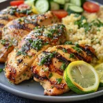 Close-up view of juicy Lemon Herb Grilled Chicken served with fluffy couscous.