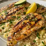 A close-up view of grilled chicken marinated in lemon and herbs served with couscous.