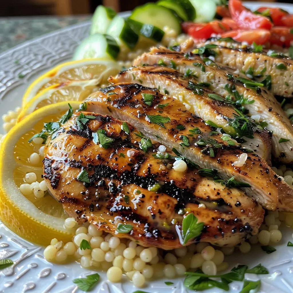 Side angle of grilled chicken garnished with herbs next to a bowl of couscous and fresh vegetables.