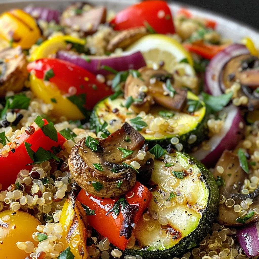 Close-up view of a Lemon Herb Grilled Vegetable Quinoa Salad with assorted grilled vegetables and quinoa.