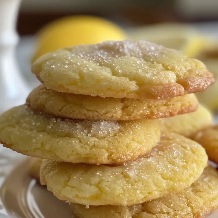 A Zesty Journey Lemon Sugar Cookies That Brighten Every Bite Close-up view of soft, golden lemon sugar cookies stacked on a wooden table.