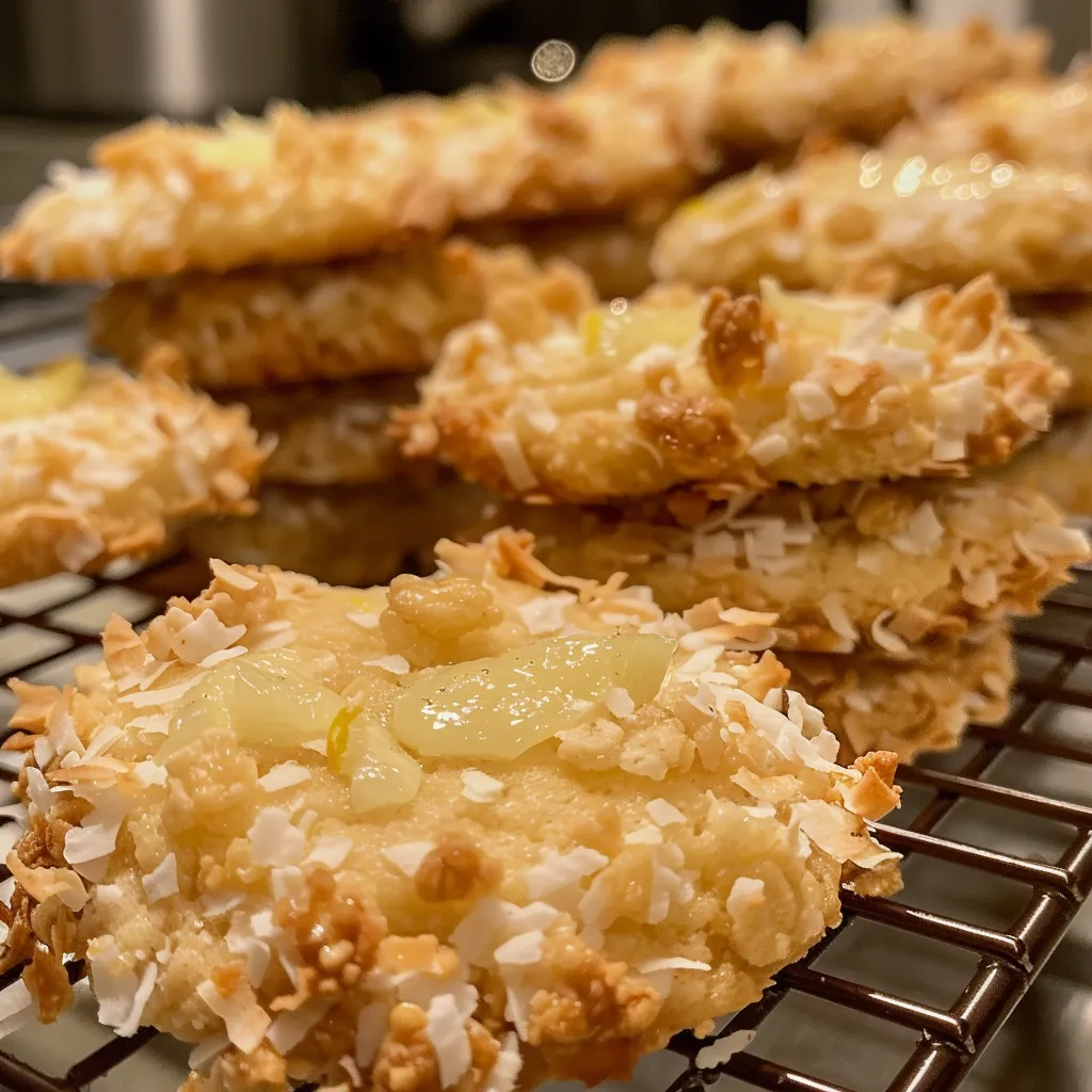 Side view of freshly baked coconut cookies with a glossy lemon drizzle and crispy texture.