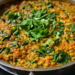 Close-up of vibrant lentil and spinach curry with rich colors and textures.