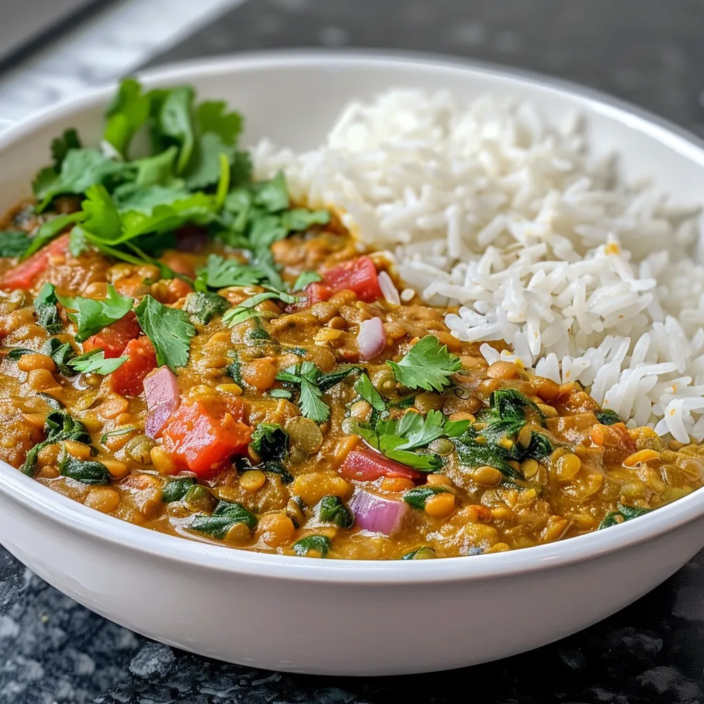Side view of a creamy lentil and spinach curry, showcasing fresh ingredients and spices.