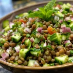 Close-up view of a fresh lentil salad with colorful ingredients.