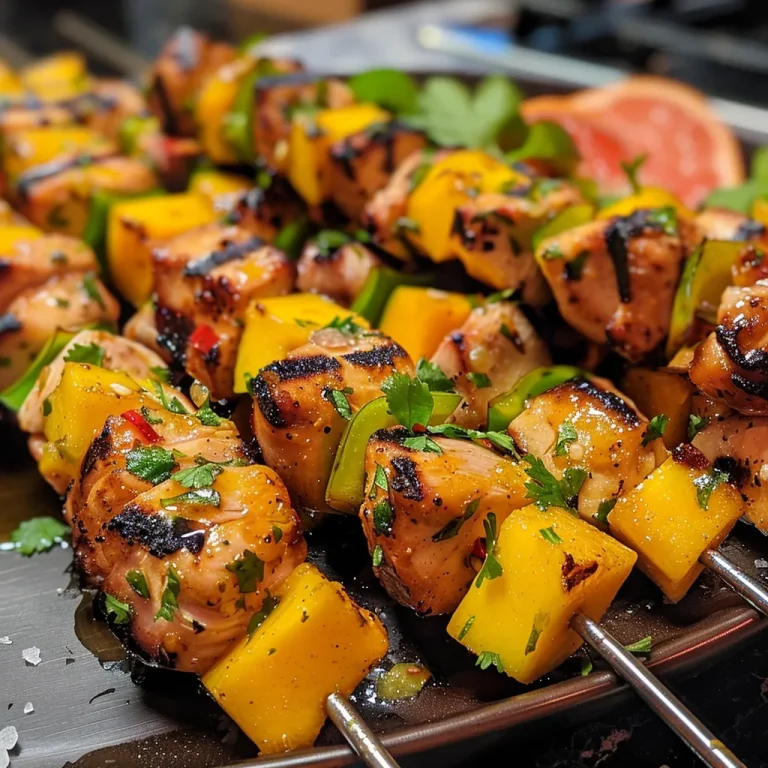 Close-up view of juicy Mango Habanero Chicken Skewers with vibrant colors.