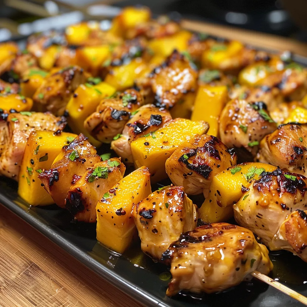 Side view of grilled chicken skewers featuring mango and habanero peppers.