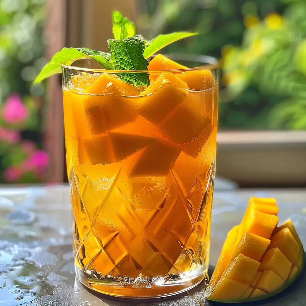 Side view of a vibrant Mango Iced Tea, showcasing diced mango pieces and tea color.