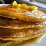 Close-up view of fluffy mango pancakes stacked on a plate, garnished with mango slices and whipped cream.