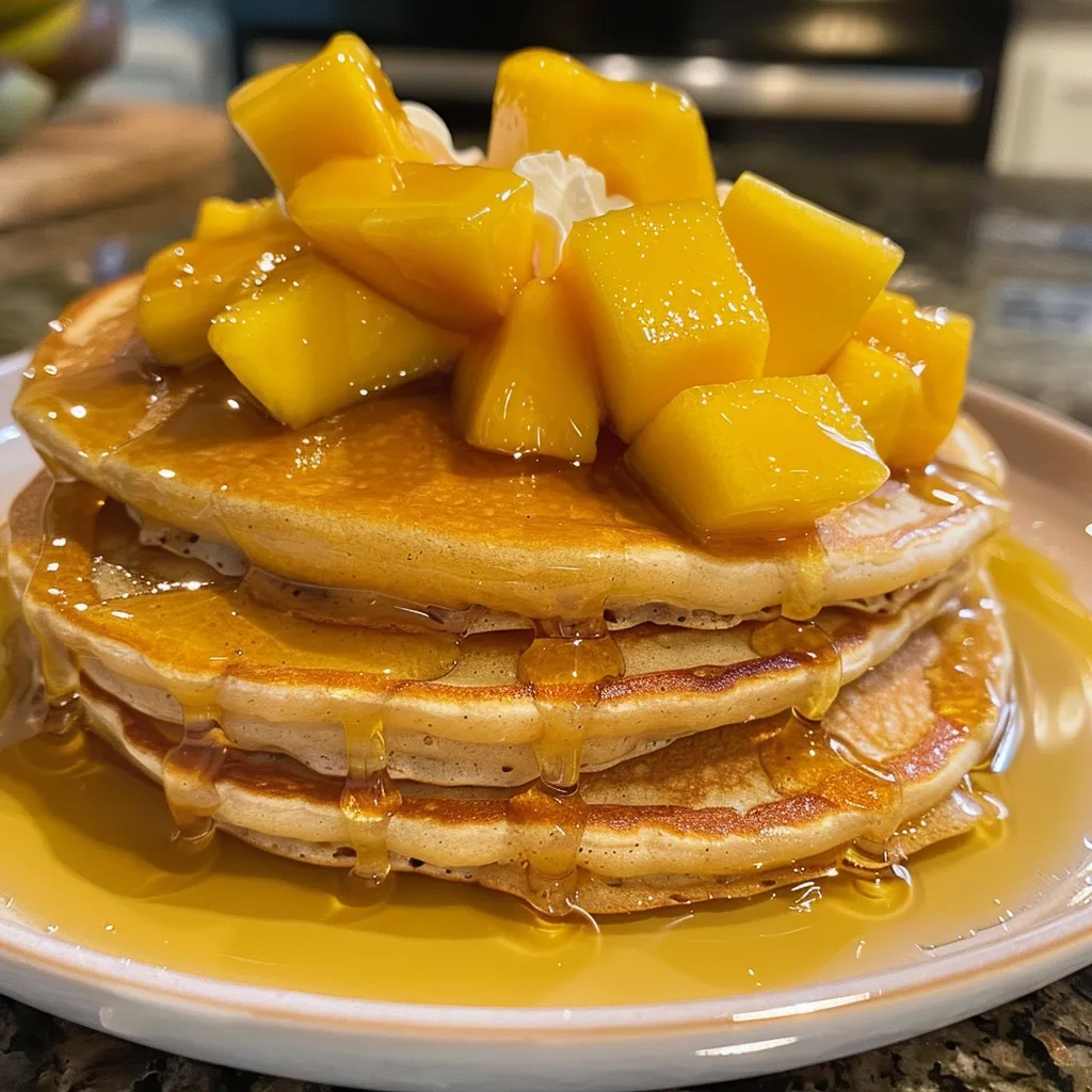 A side view of delicious mango pancakes drizzled with maple syrup, showcasing their golden-brown texture.