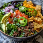 Close-up view of a colorful Mexican Beef Taco Salad Bowl with fresh toppings.