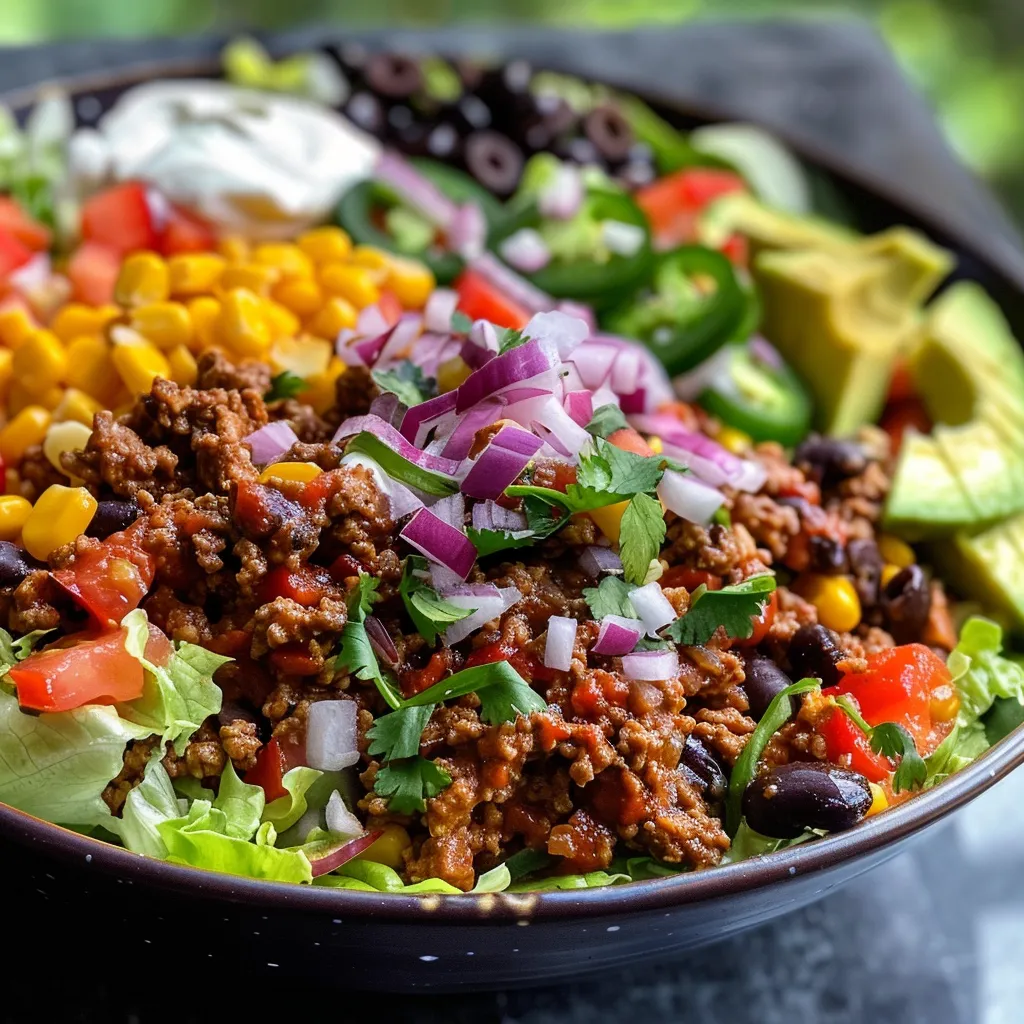 Side view of a vibrant taco salad bowl featuring seasoned ground beef and fresh vegetables.
